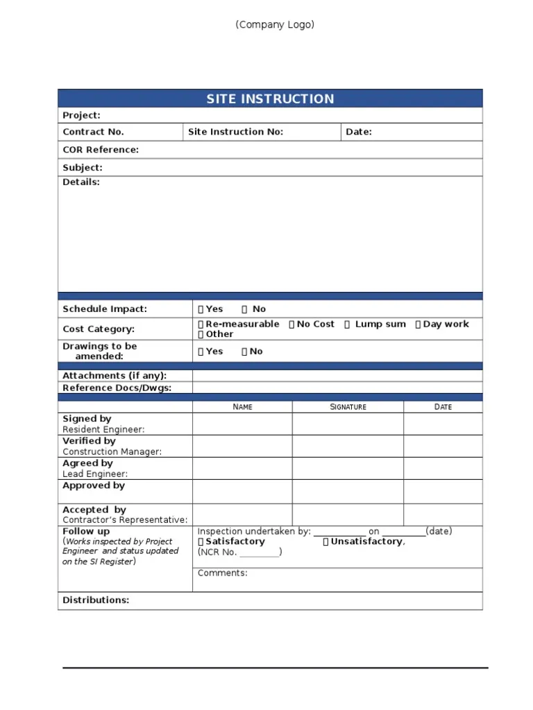 Site Instruction Cover Template