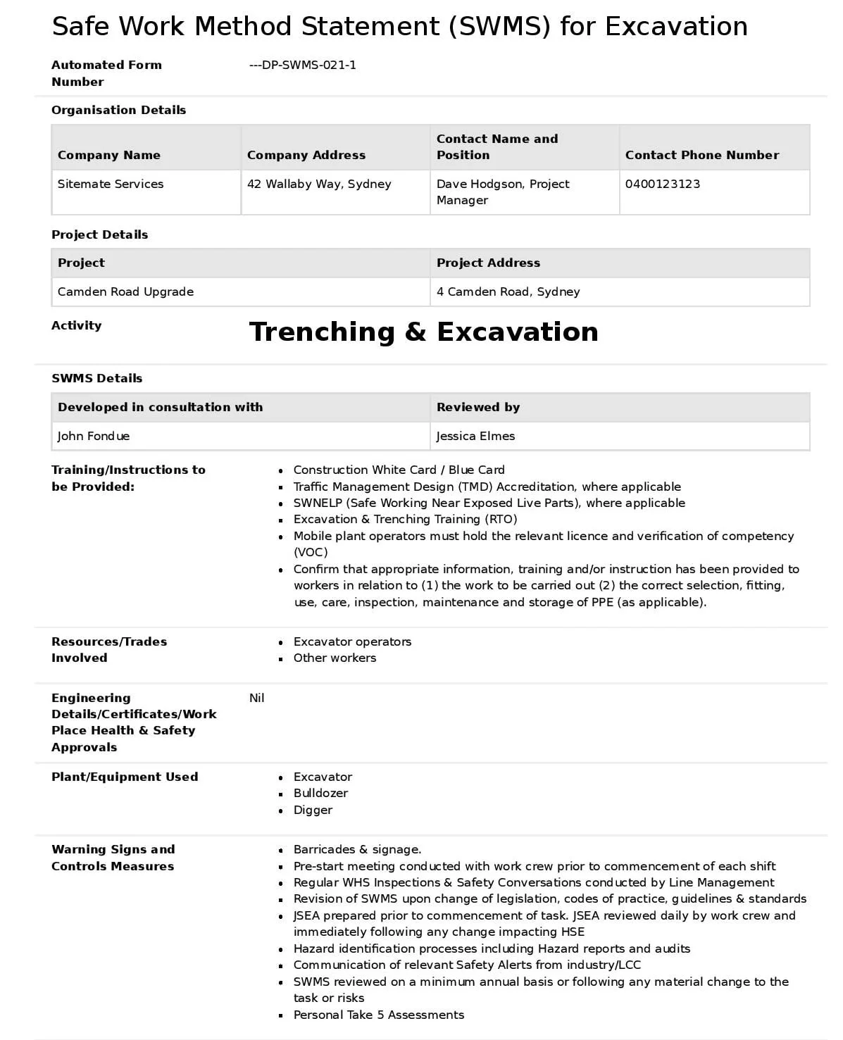 Safe Work Procedure – Excavation