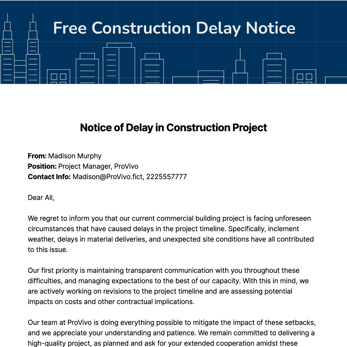 Construction Site Delay Notice Letter
