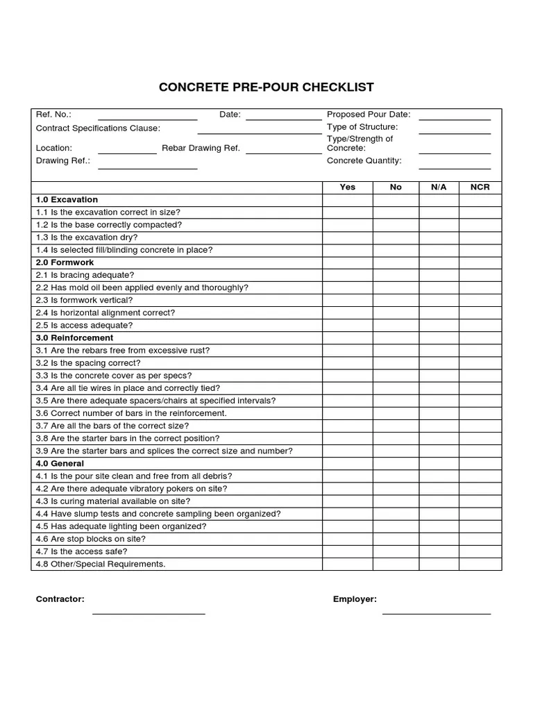 Concrete Pre-Pour Checklist Template