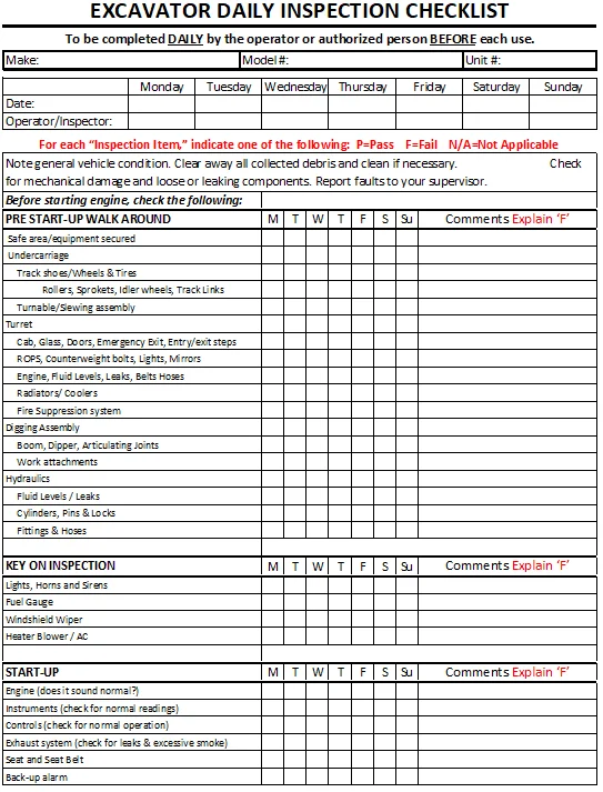 Excavator Daily Inspection Checklist